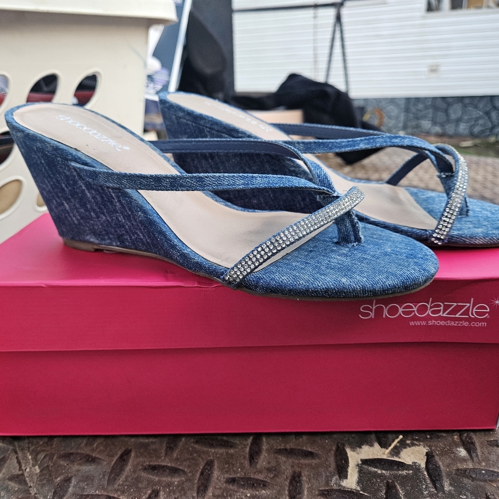 Shoe Dazzle Denim Wedge Sandals with Rhinestone Detail